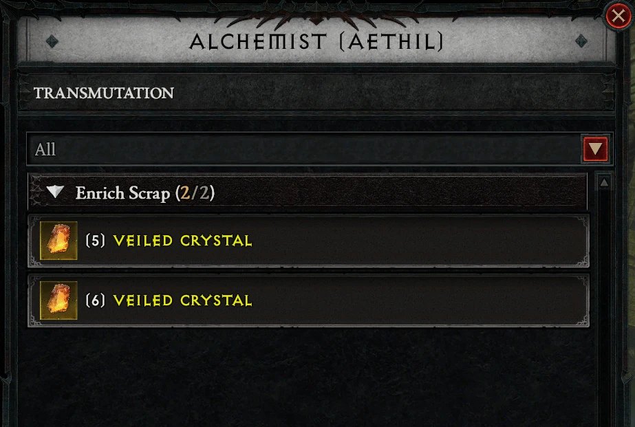 Alchymista v Diablo 4: jediná záložka Transmutation a v ní Enrich Scrap