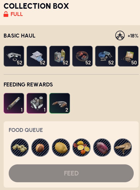 Collection Box, Basic Haul s bonusem +18 %, Feeding Rewards a fronta jídla