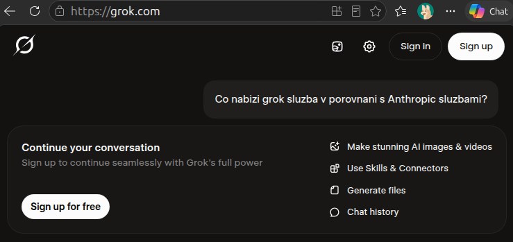 Stránka grok.com s výzvou „Sign up to continue seamlessly with Grok&rsquo;s full power“ místo odpovědi na položenou otázku