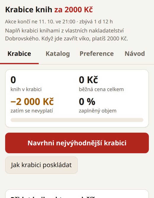 První verze aplikace: záložky Krabice, Katalog, Preference a Návod, nahoře nula knih a nula korun, pod tím červené tlačítko Navrhni nejvýhodnější krabici