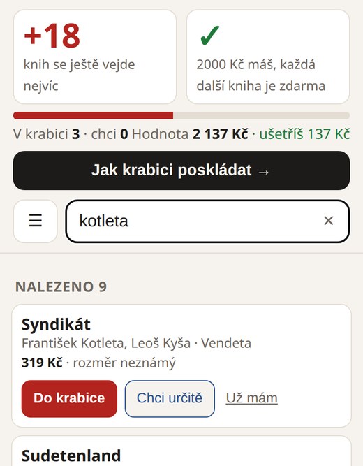 Dvě čísla nahoře: +18 knih se ještě vejde nejvíc a zelená fajfka 2000 Kč máš, každá další kniha je zdarma