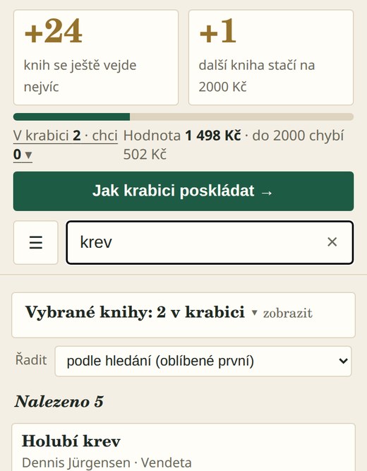 Aplikace ve vzhledu Knihkupectví: krémový podklad, mosazná čísla, zelené tlačítko Jak krabici poskládat