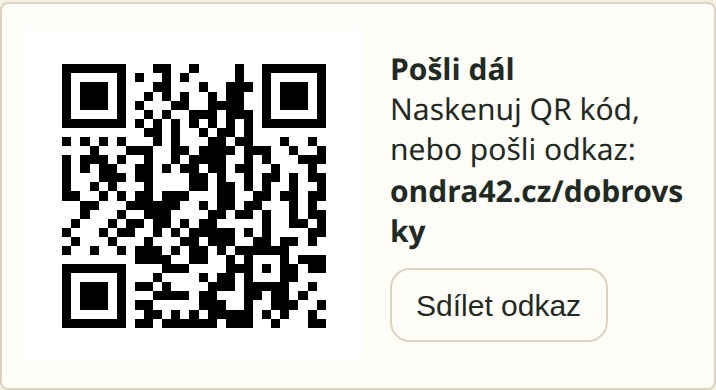 Blok Pošli dál: QR kód s adresou ondra42.cz/dobrovsky a tlačítko Sdílet odkaz