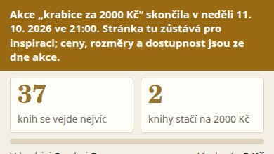 Pruh nahoře: Akce krabice za 2000 Kč skončila v neděli 11. 10. 2026 ve 21:00, pod ním čísla 37 knih se vejde nejvíc a 2 knihy stačí na 2000 Kč