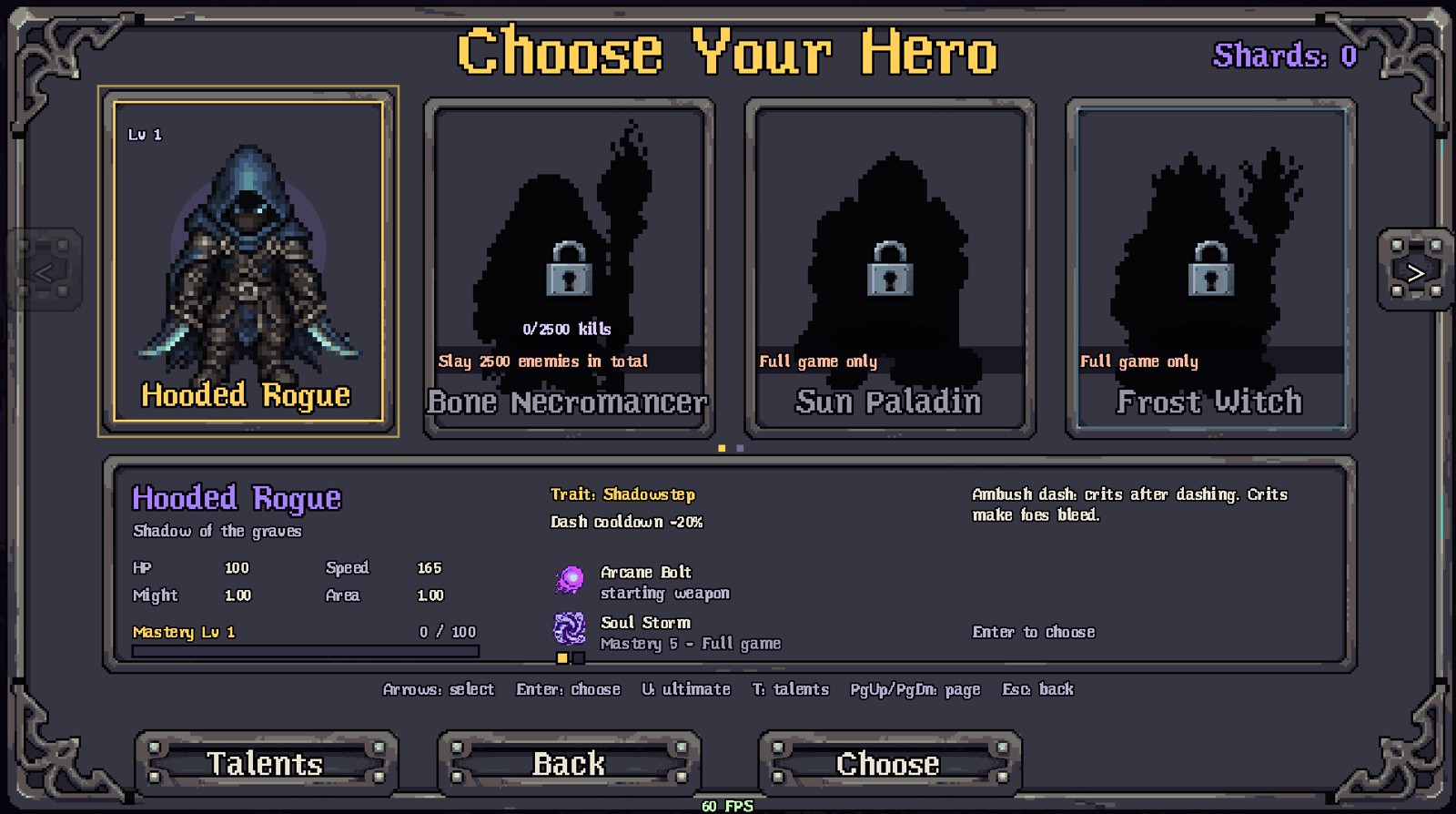Výběr hrdiny: Hooded Rogue odemčený, Bone Necromancer, Sun Paladin a Frost Witch zamčení; nápisy přetékají přes okraje karet