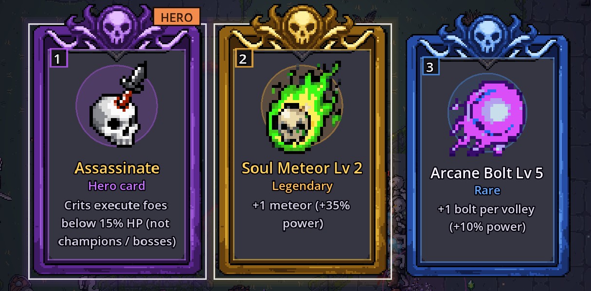 Výběr vylepšení: Assassinate (Hero card), Soul Meteor Lv 2 (Legendary, +1 meteor, +35 % power), Arcane Bolt Lv 5 (Rare)