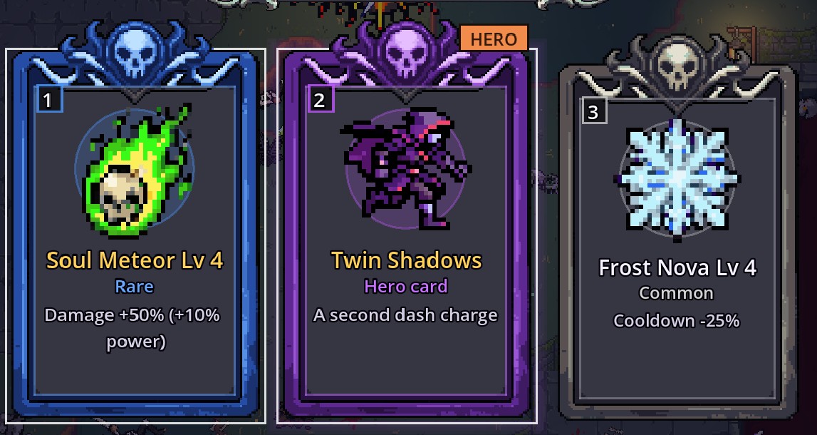 Výběr vylepšení: Soul Meteor Lv 4 (Rare, damage +50 %, +10 % power), Twin Shadows (Hero card), Frost Nova Lv 4 (Common)