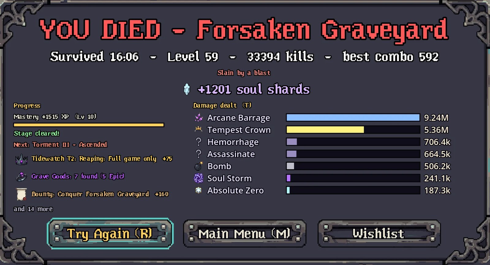 Smrt na Forsaken Graveyard: 16:06, level 59, 33 394 zabitých, best combo 592, +1201 soul shards, nahoře Arcane Barrage s 9,24 M a Tempest Crown s 5,36 M