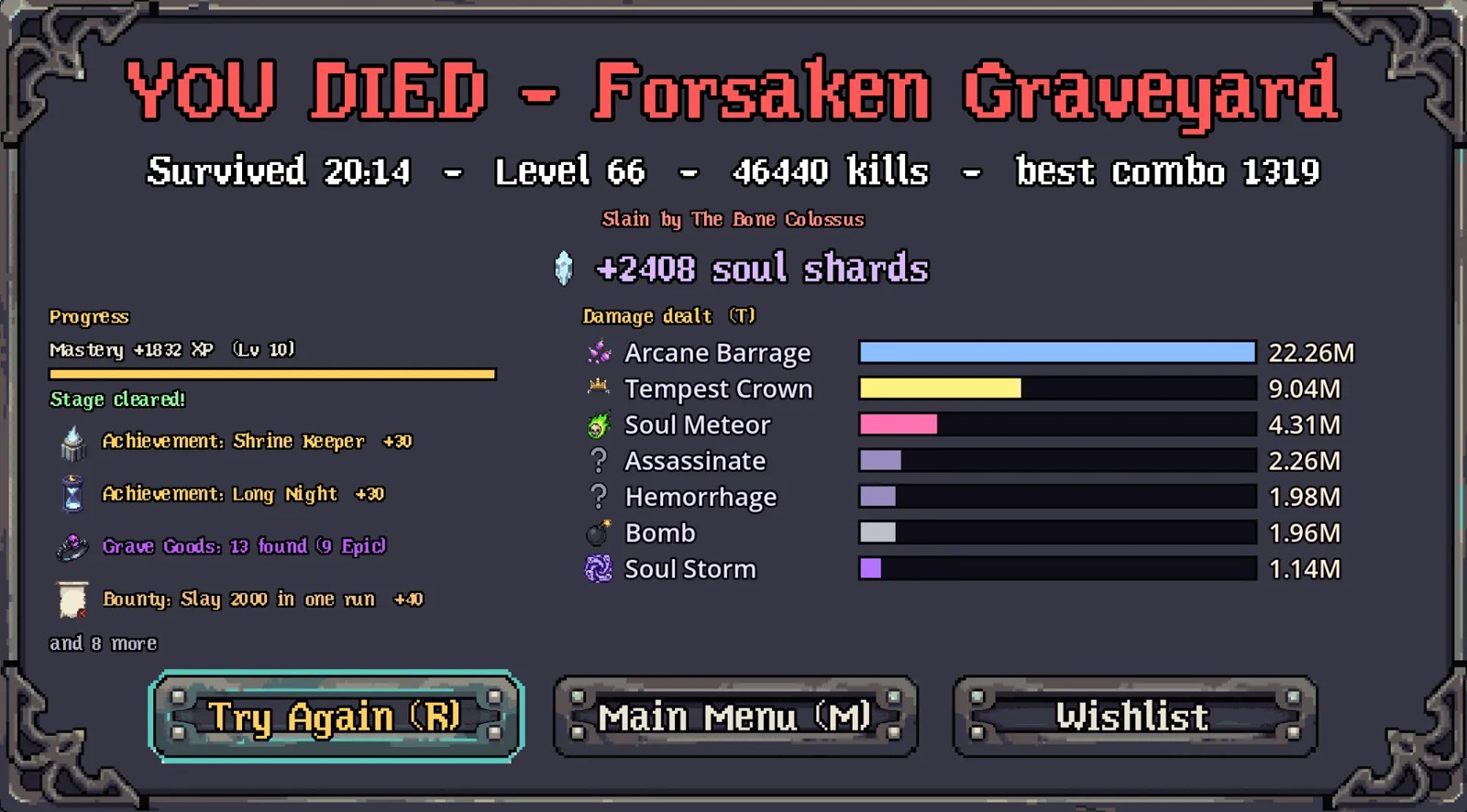 Smrt na Forsaken Graveyard: 20:14, level 66, 46 440 zabitých, best combo 1319, +2408 soul shards, Slain by The Bone Colossus; nahoře Arcane Barrage s 22,26 M, Tempest Crown s 9,04 M a Soul Meteor s 4,31 M